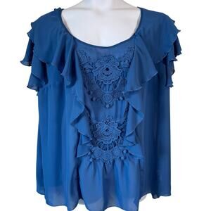 Denim 24/7 Blue Crochet Lace Ruffle Blouse Sz 24W Boho Romantic Cottagecore